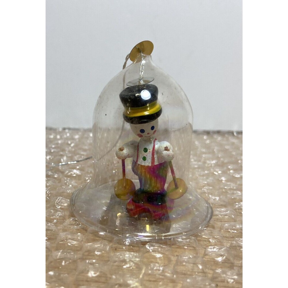vintage snowman sking glass and wooden bell ornament Taiwan Rare Gift Box RARE